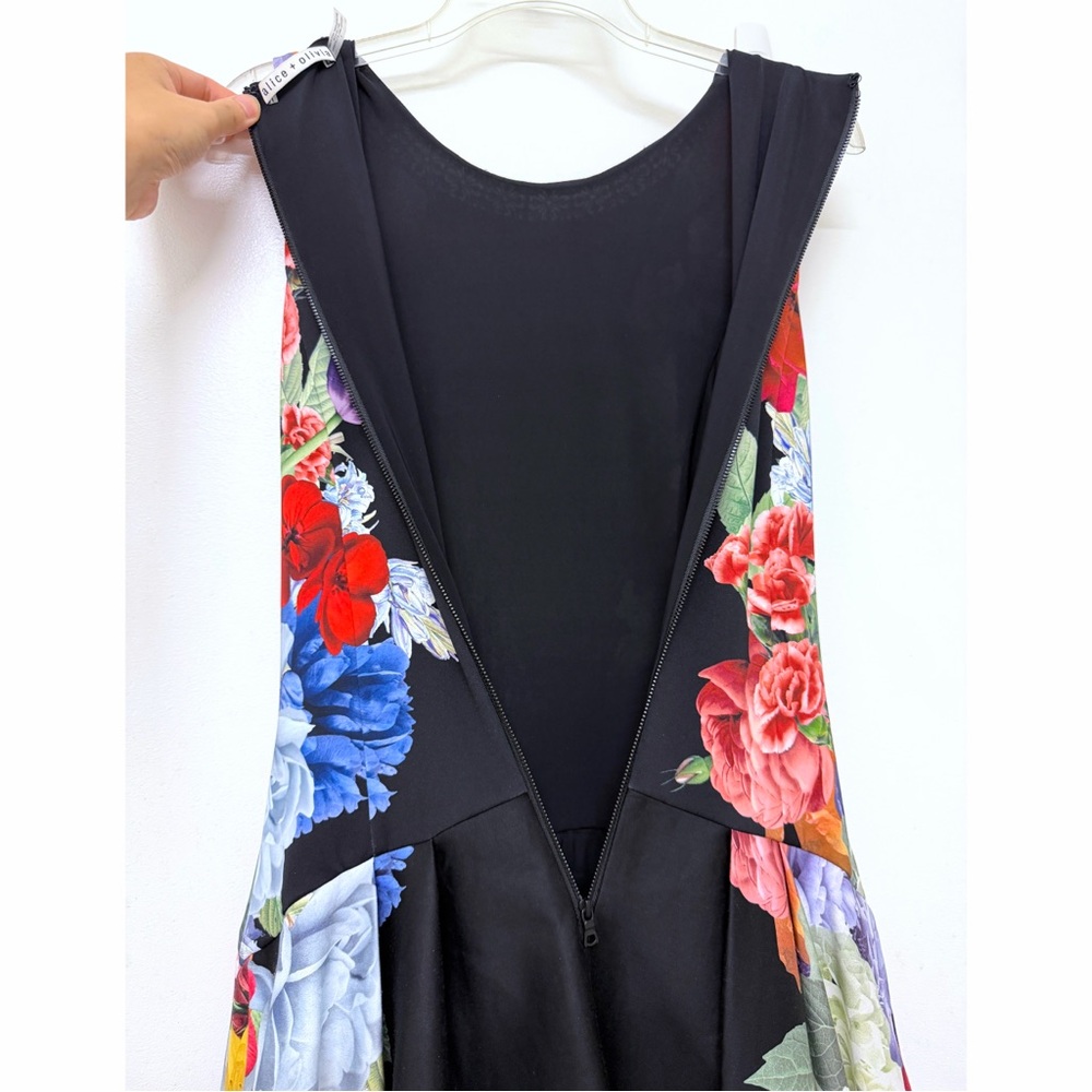 Alice + Olivia Adley Drop Waist Midi Dress Garden Brunch Black Floral Colorful 4 - Picture 14 of 16